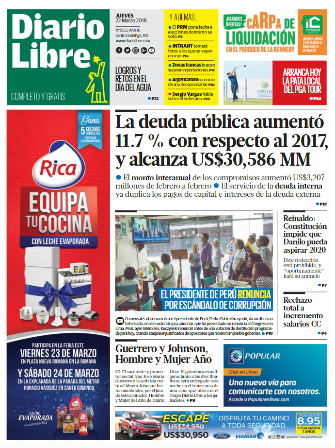 Portada Periódico Diario Libre, Jueves 22 de Marzo 2018