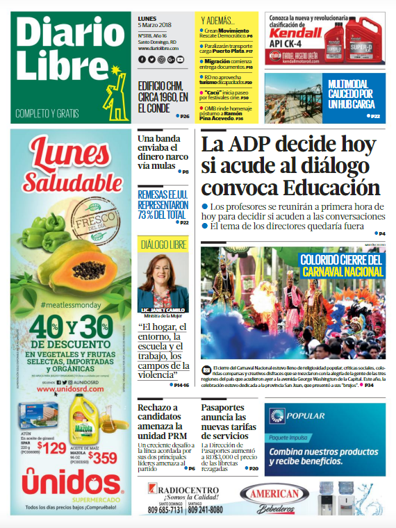 Portada Periódico Diario Libre, Lunes 05 de Marzo 2018