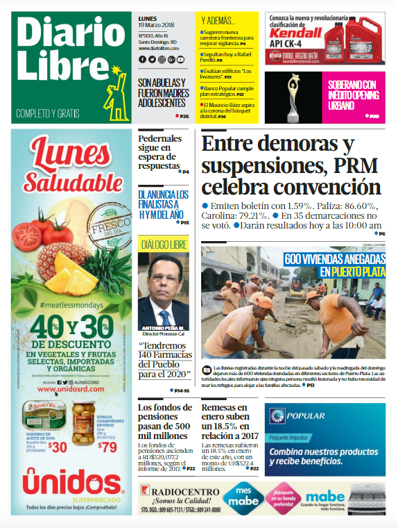 Portada Periódico Diario Libre, Lunes 19 de Marzo 2018