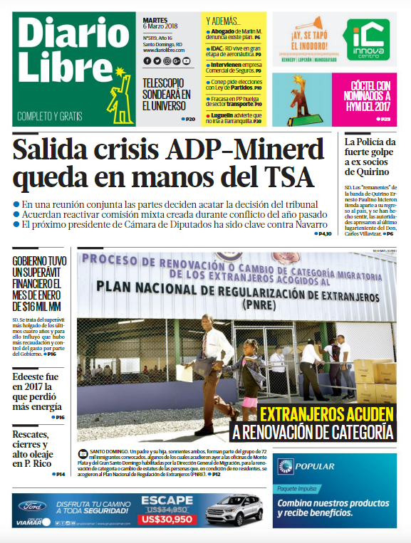 Portada Periódico Diario Libre, Martes 06 de Marzo 2018