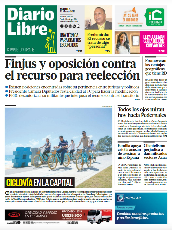 Portada Periódico Diario Libre, Martes 13 de Marzo 2018