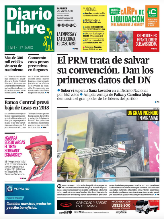Portada Periódico Diario Libre, Martes 20 de Marzo 2018