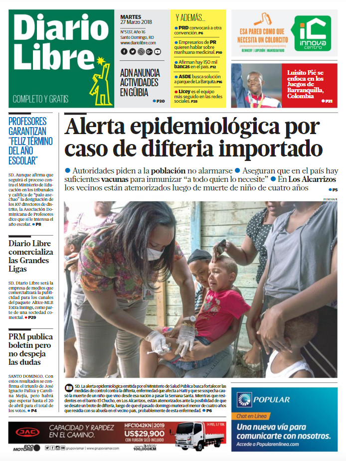 Portada Periódico Diario Libre, Martes 27 de Marzo 2018