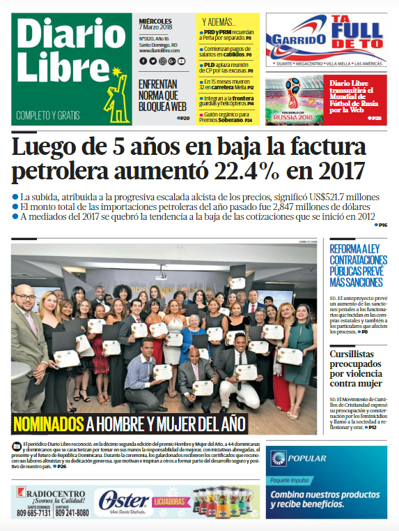 Portada Periódico Diario Libre, Miércoles 07 de Marzo 2018