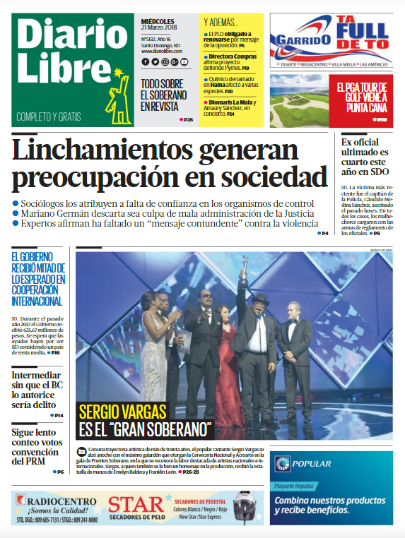 Portada Periódico Diario Libre, Miércoles 21 de Marzo 2018