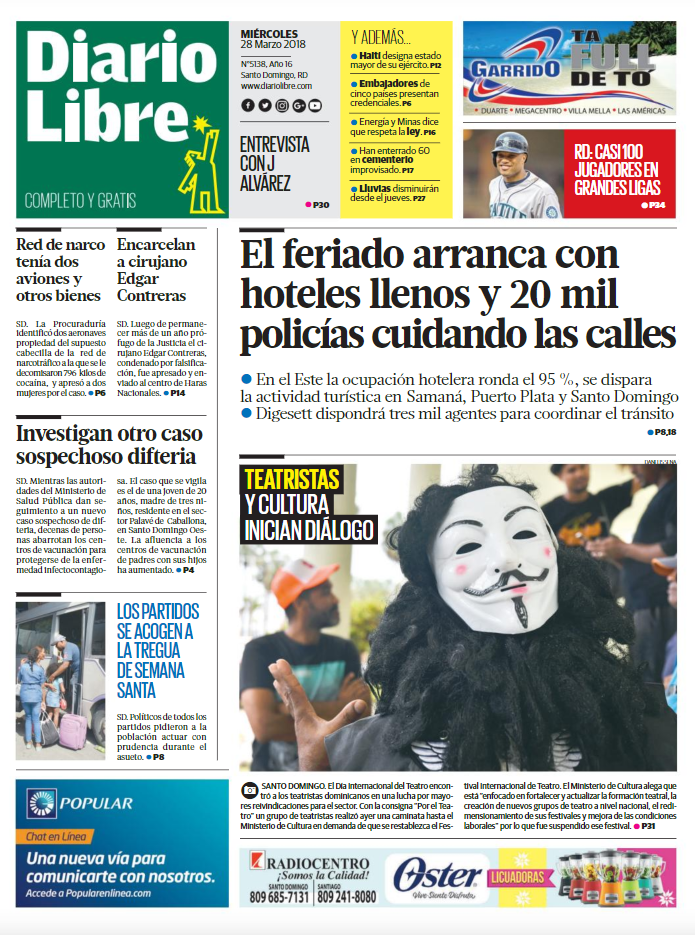 Portada Periódico Diario Libre, Miércoles 28 de Marzo 2018