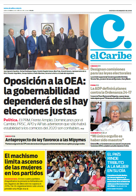 Portada Periódico El Caribe, Jueves 08 de Marzo 2018