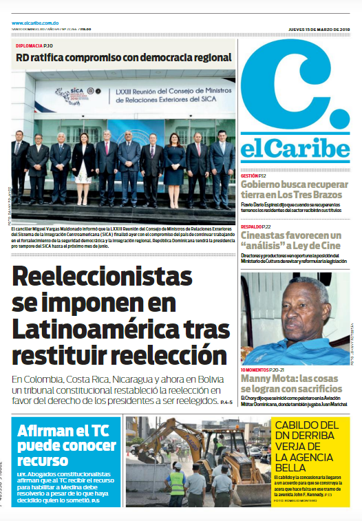 Portada Periódico El Caribe, Jueves 15 de Marzo 2018