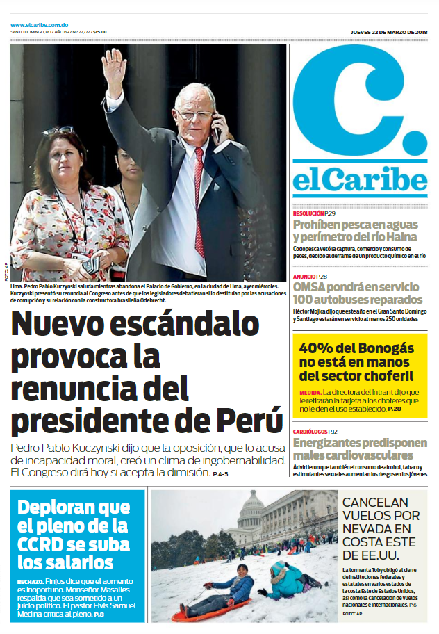 Portada Periódico El Caribe, Jueves 22 de Marzo 2018