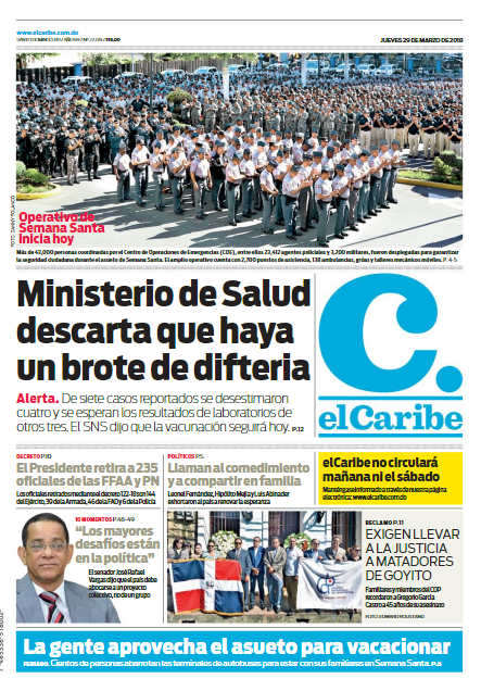 Portada Periódico El Caribe, Jueves 29 de Marzo 2017