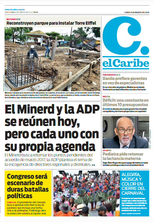 Portada Periódico El Caribe, Lunes 05 de Marzo 2018