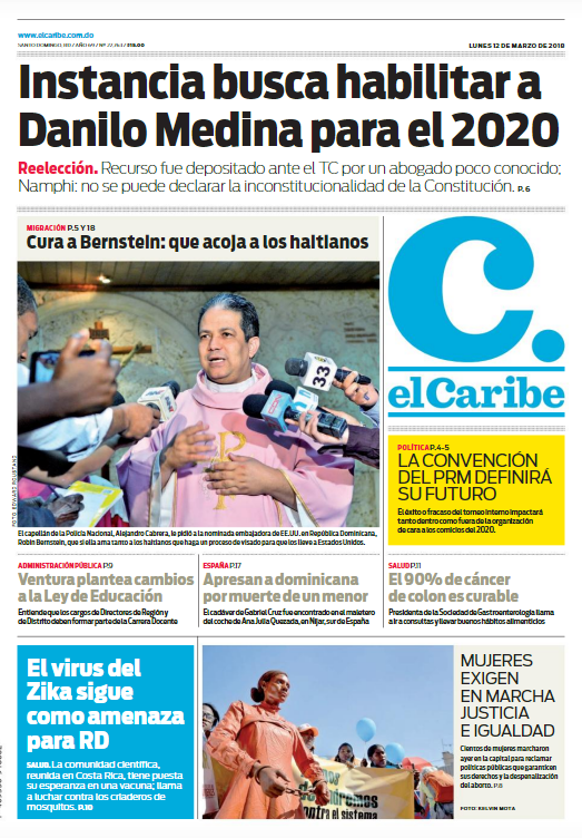 Portada Periódico El Caribe, Lunes 12 de Marzo 2018