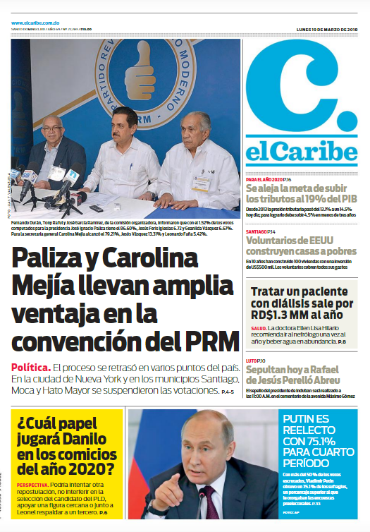 Portada Periódico El Caribe, Lunes 19 de Marzo 2018