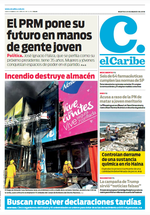 Portada Periódico El Caribe, Martes 20 de Marzo 2018