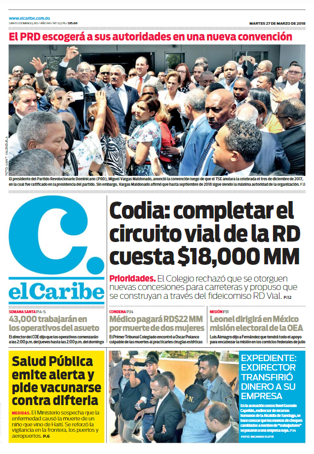 Portada Periódico El Caribe, Martes 27 de Marzo 2018