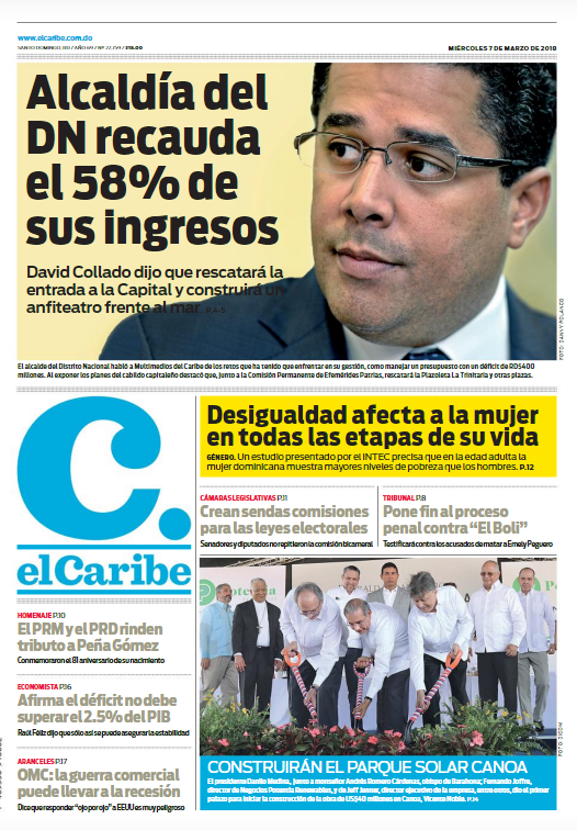 Portada Periódico El Caribe, Miércoles 07 de Marzo 2018