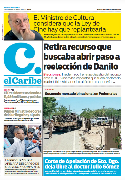 Portada Periódico El Caribe, Miércoles 14 de Marzo 2018