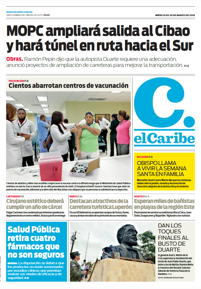Portada Periódico El Caribe, Miércoles 28 de Marzo 2018