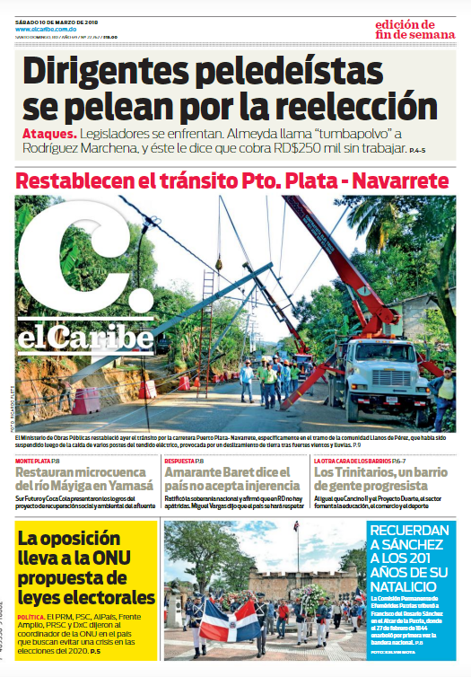 Portada Periódico El Caribe, Sábado 10 de Marzo 2018