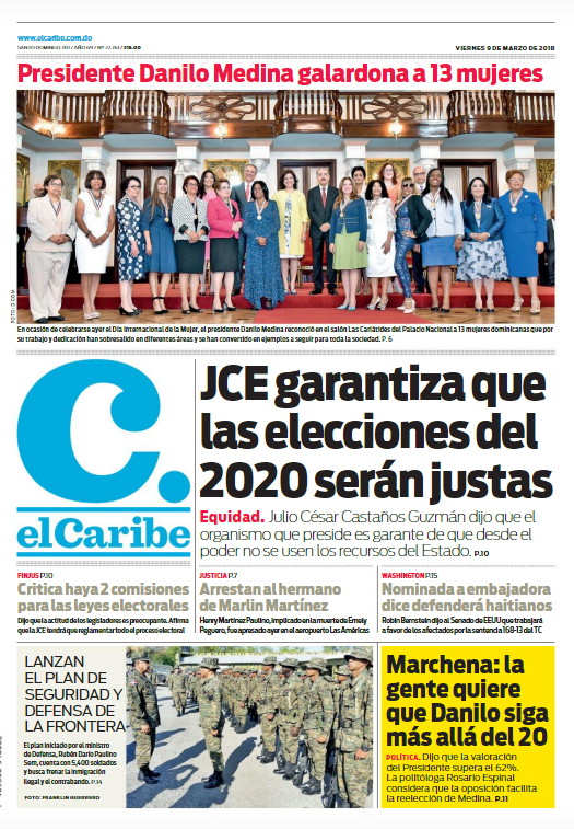 Portada Periódico El Caribe, Viernes 09 de Marzo 2018
