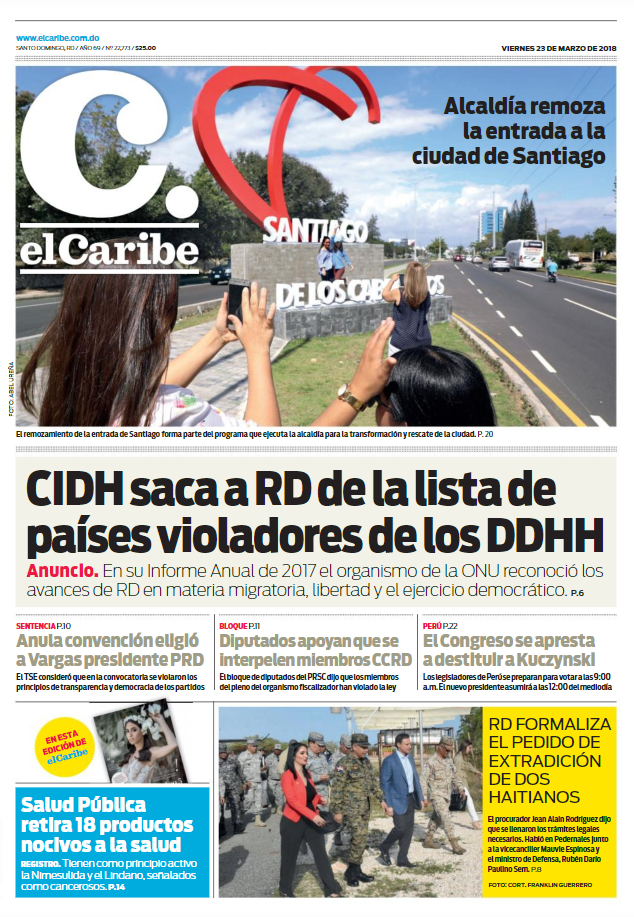 Portada Periódico El Caribe, Viernes 23 de Marzo 2018