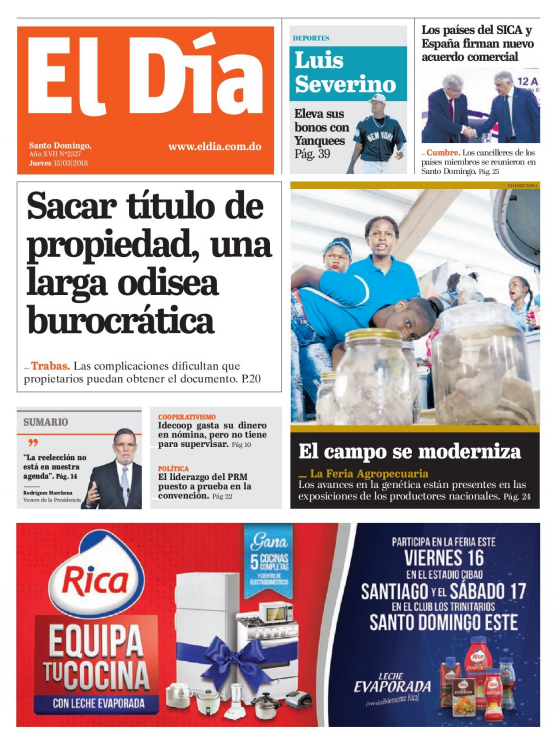 Portada Periódico El Día, Jueves 15 de Marzo 2018