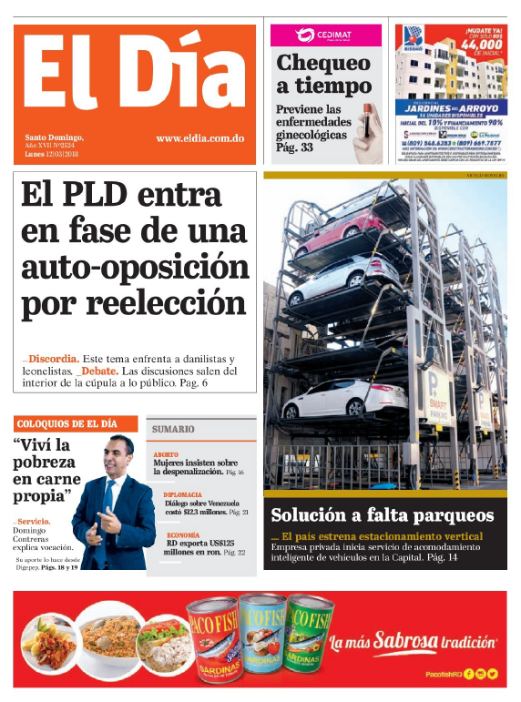 Portada Periódico El Día, Lunes 12 de Marzo 2018