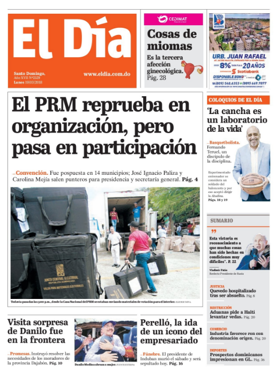 Portada Periódico El Día, Lunes 19 de Marzo 2018