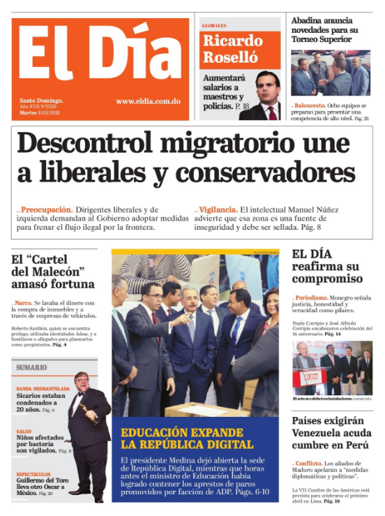 Portada Periódico El Día, Martes 06 de Marzo 2018