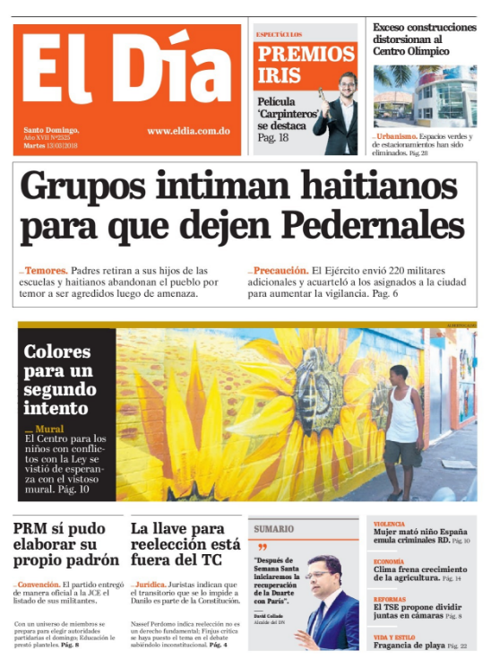 Portada Periódico El Día, Martes 13 de Marzo 2018