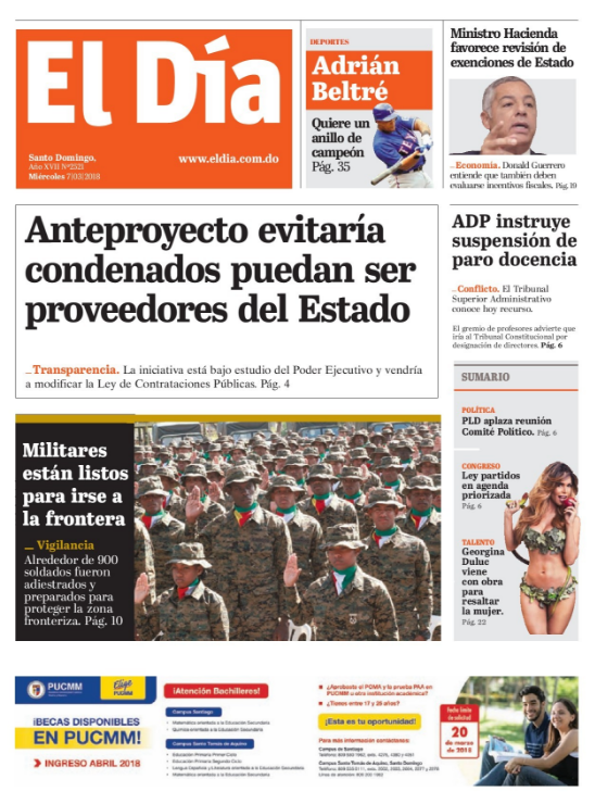 Portada Periódico El Día, Miércoles 07 de Marzo 2018