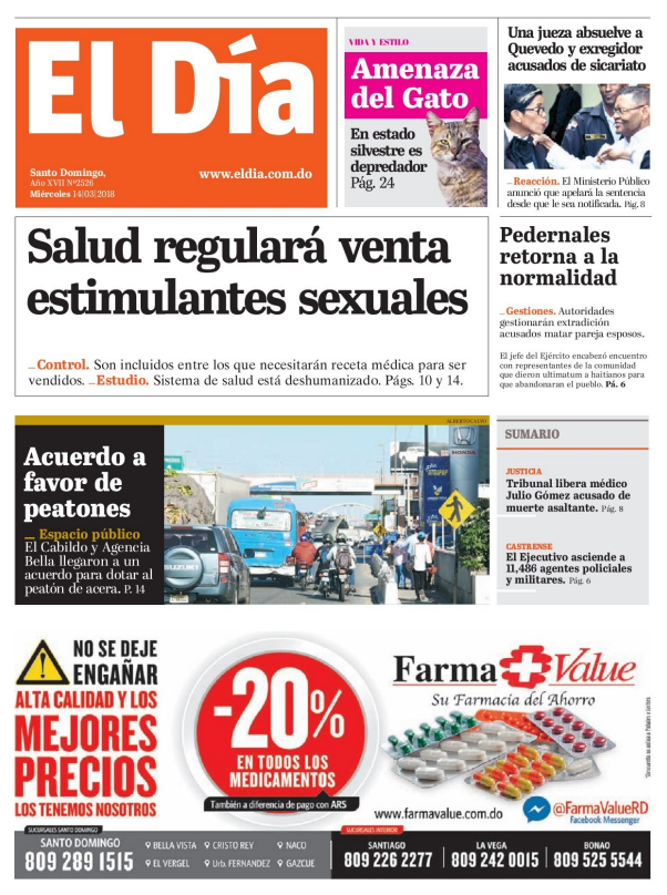 Portada Periódico El Día, Miércoles 14 de Marzo 2018