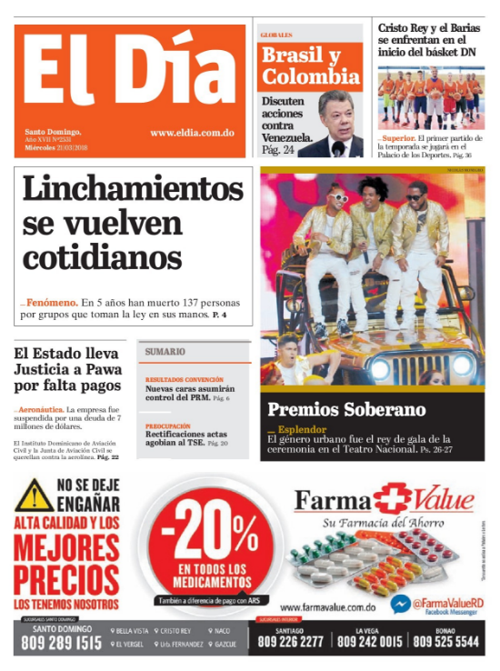 Portada Periódico El Día, Miércoles 21 de Marzo 2018