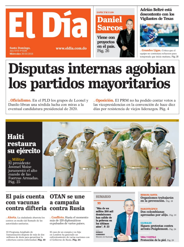 Portada Periódico El Día, Miércoles 28 de Marzo 2018