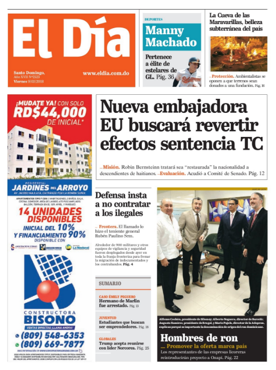 Portada Periódico El Día, Viernes 09 de Marzo 2018