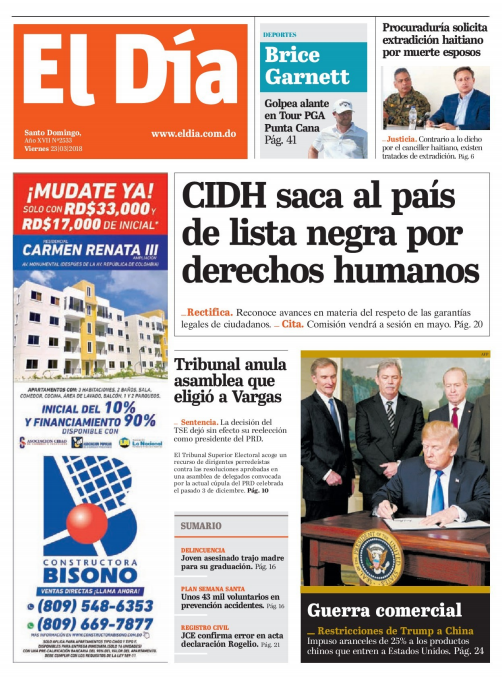 Portada Periódico El Día, Viernes 23 de Marzo 2018