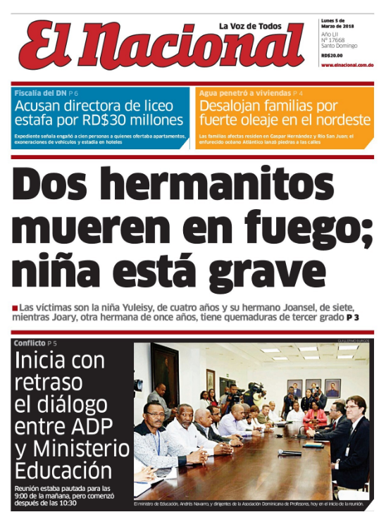 Portada Periódico El Nacional, Lunes 05 de Marzo 2018