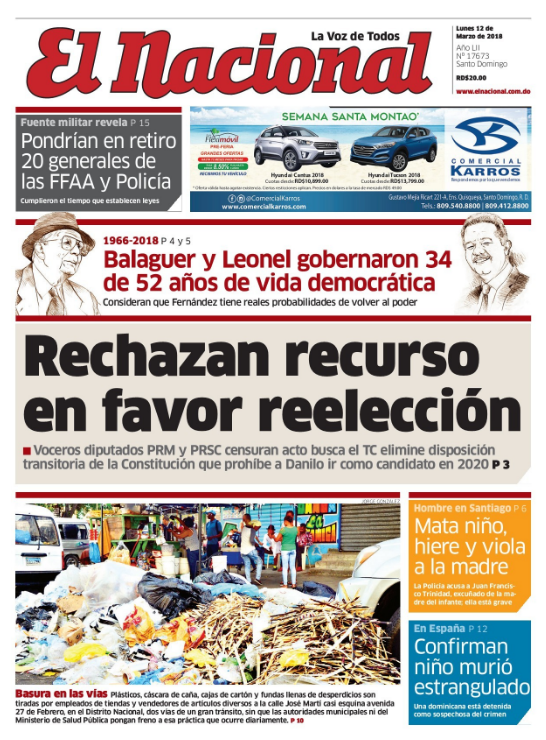 Portada Periódico El Nacional, Lunes 12 de Marzo 2018