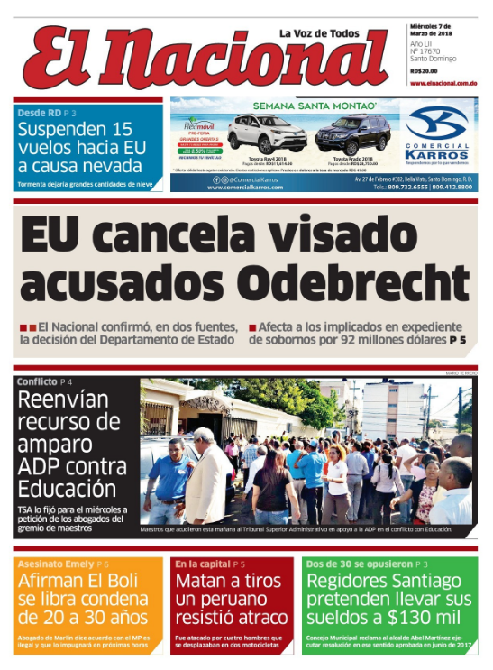 Portada Periódico El Nacional, Miércoles 07 de Marzo 2018