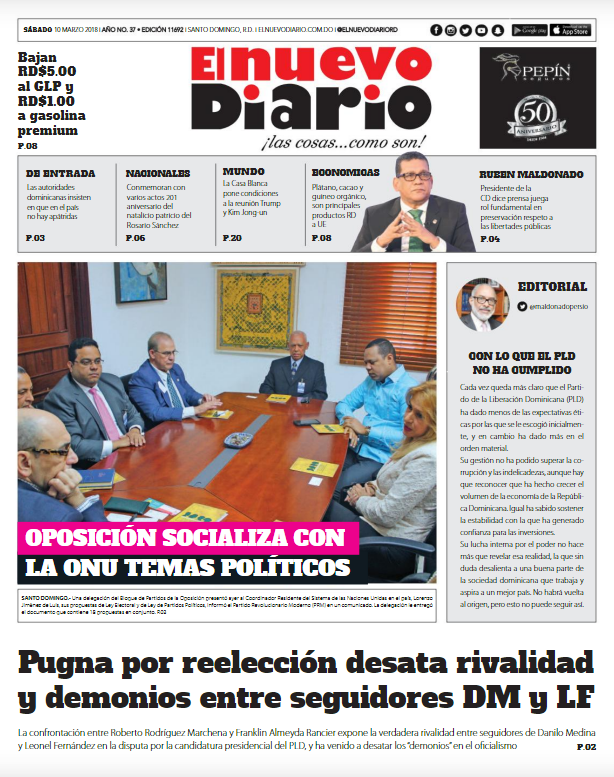 Portada Periódico El Nuevo Diario, Sábado 10 de Marzo 2018