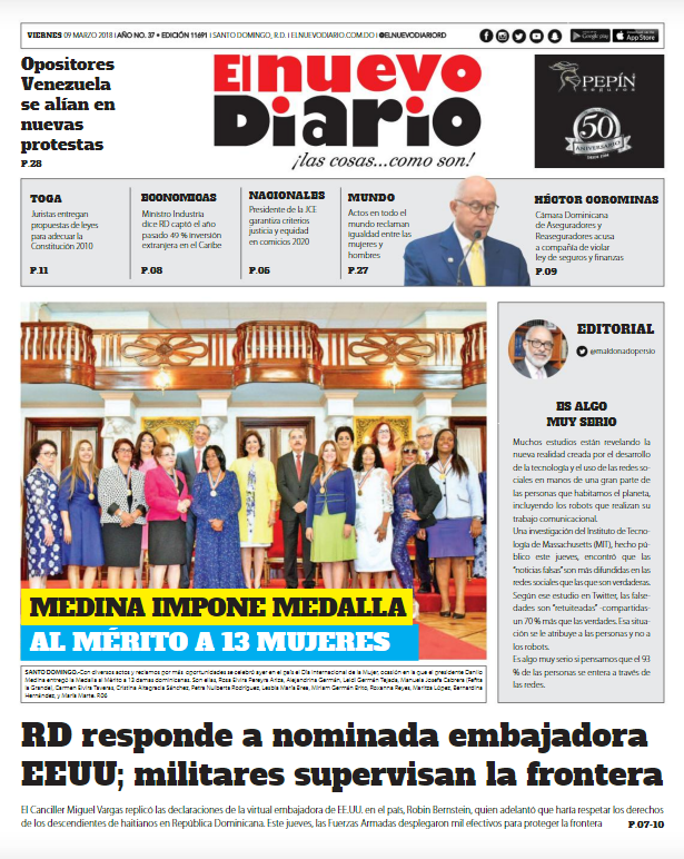 Portada Periódico El Nuevo Diario, Viernes 09 de Marzo 2018