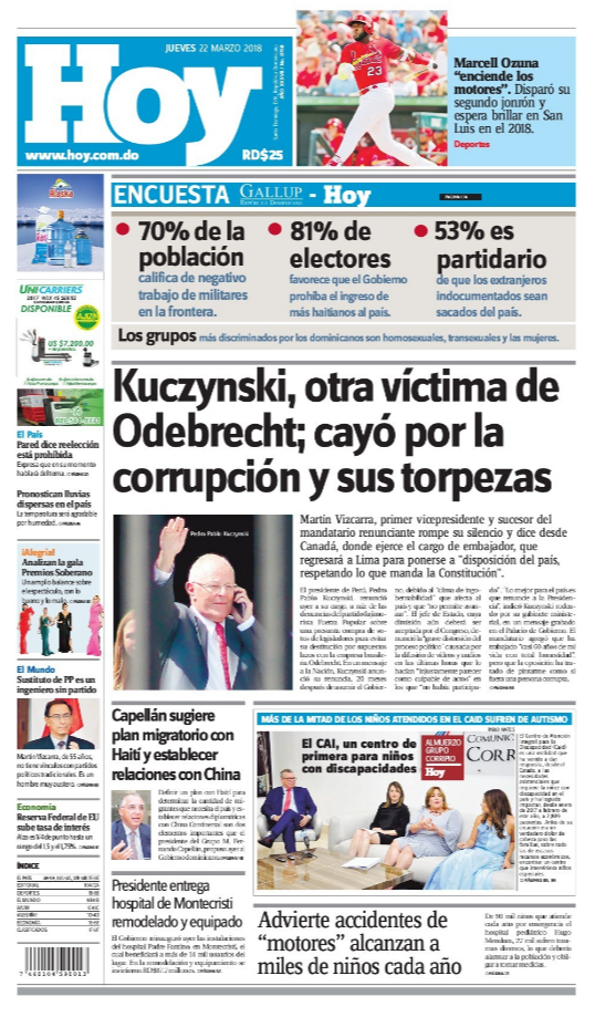 Portada Periódico Hoy, Jueves 22 de Marzo 2018