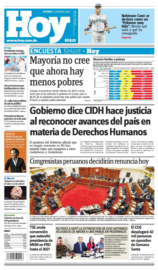 Portada Periódico Hoy, Viernes 23 de Marzo 2018