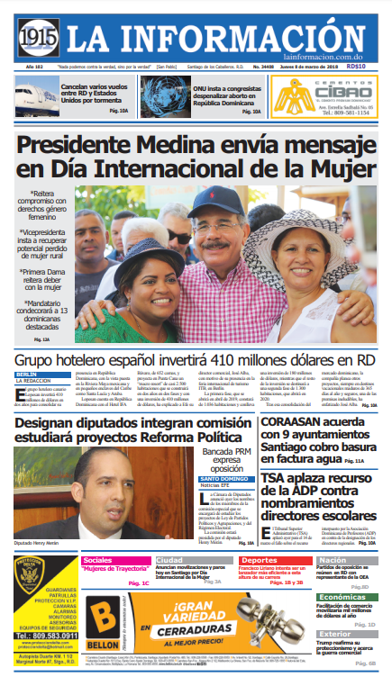 Portada Periódico La Información, Jueves 08 de Marzo 2018