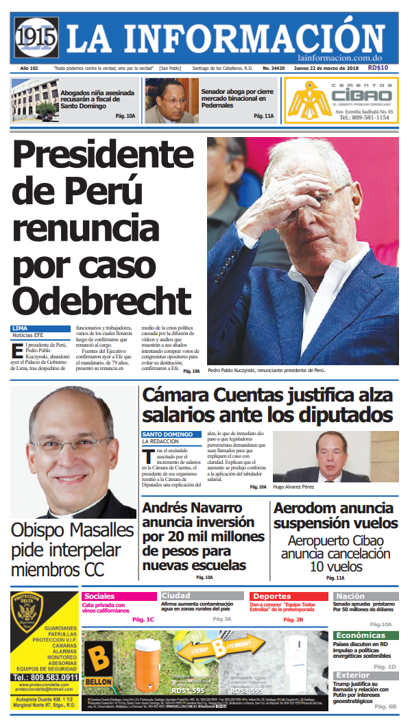 Portada Periódico La Información, Jueves 22 de Marzo 2018
