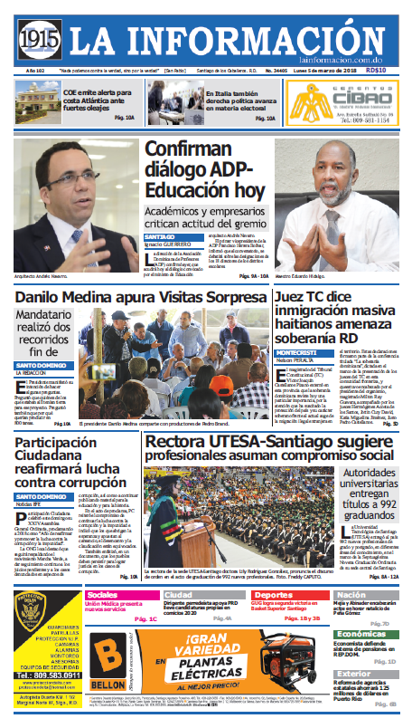 Portada Periódico La Información, Lunes 05 de Marzo 2018