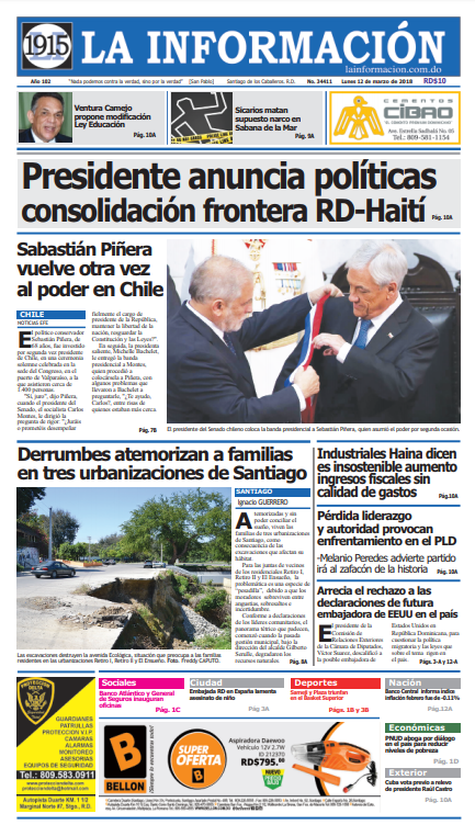 Portada Periódico La Información, Lunes 12 de Marzo 2018