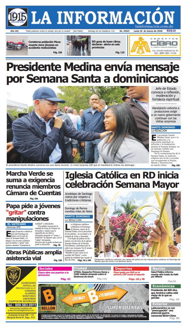 Portada Periódico La Información, Lunes 26 de Marzo 2018