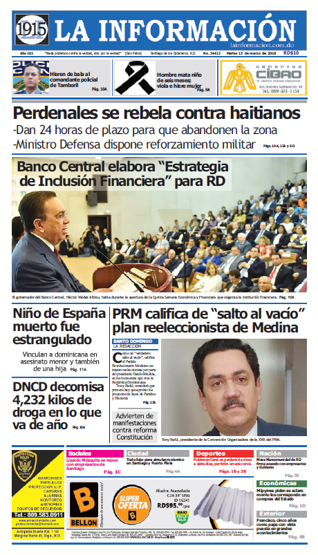 Portada Periódico La Información, Martes 13 de Marzo 2018
