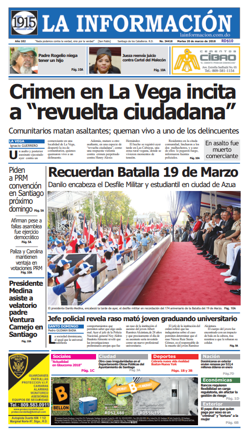 Portada Periódico La Información, Martes 20 de Marzo 2018
